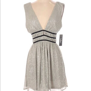 Lulus metallic gold mini skater plunge flare dress